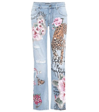 Dolce & Gabbana Leopard & Rose Painted Mid-rise Straight-leg Jeans In Multi