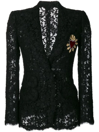 Dolce & Gabbana Single-breasted Lace Jacket W/ Heart Applique In Black