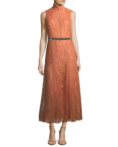 J Mendel Sleeveless Beaded Turtleneck Lace Dress In Light Orange