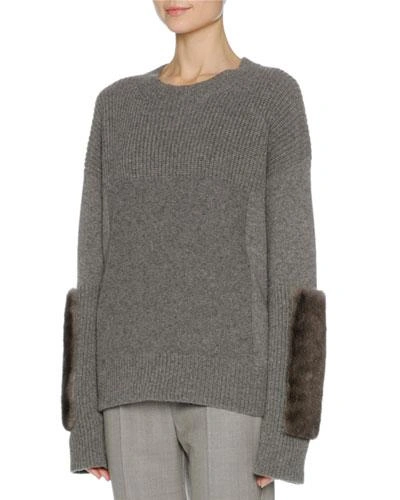 Agnona Mixed-knit Cashmere Sweater W/mink Fur Trim In Gray