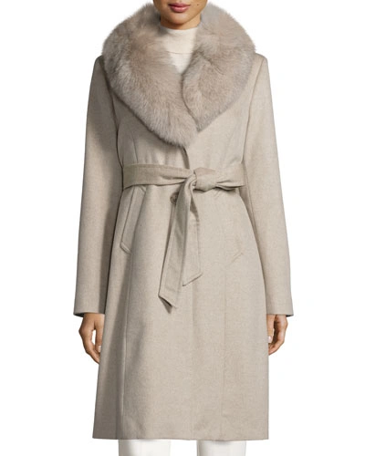 Sofia Cashmere Fur-collar Wrap Coat In Stone