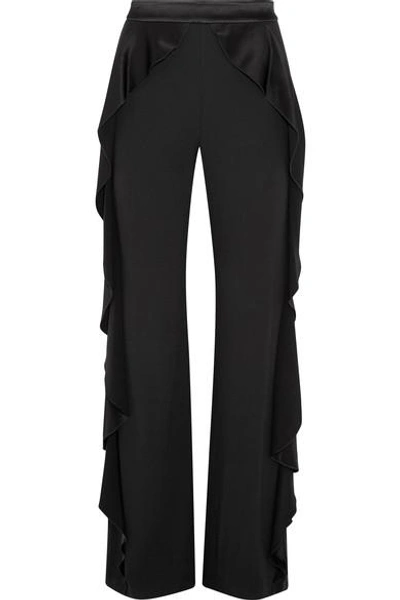 Alice And Olivia Wallace Satin Ruffled-trimmed Crepe Wide-leg Pants In Black