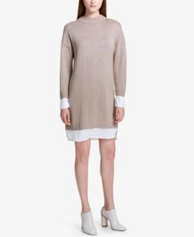 Calvin Klein Layered-look Sweater Dress In Heather Camel