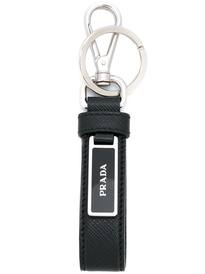 Prada Men's Saffiano Leather Logo Keychain In F0002 Nero