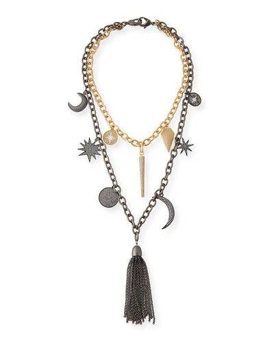 Hipchik Barbara Chain Tassel Charm Necklace In Yellow/silver