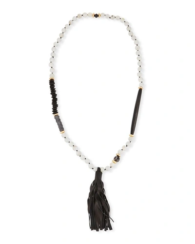 Akola Long Paper Moonstone Beaded Necklace With Leather Tassel In Black/white