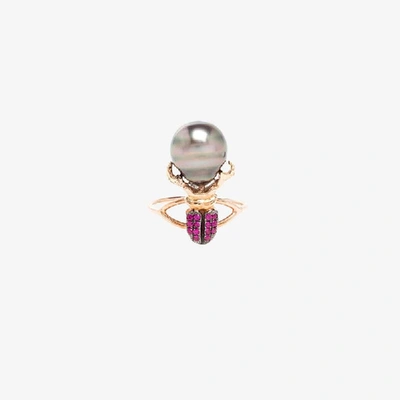 Daniela Villegas 18k Rose Gold Beetle Ruby And Pearl Ring In Red