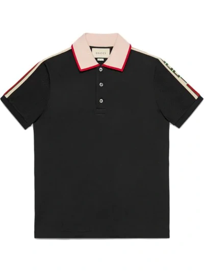 Gucci Jacquard Stripe Sleeve Pique Polo In Black