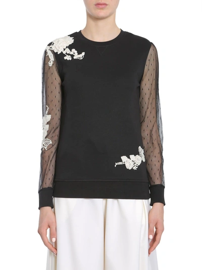 Red Valentino Floral Lace-appliquéd Cotton Blend Sweatshirt In Black And White