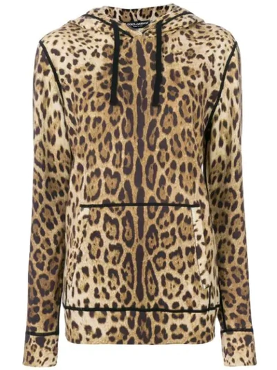 Dolce & Gabbana Leopard Print Cashmere Hoodie In Brown