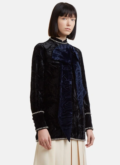 Gucci Bow Detail Crushed Velvet Tunic In Navy