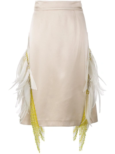 Prada Feather Embellished Beaded Skirt In Neutrals