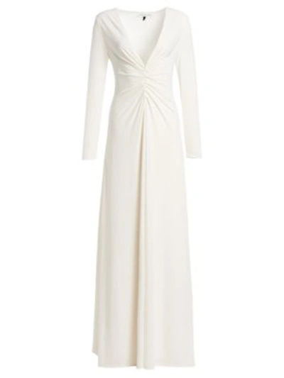 Halston Heritage Long-sleeve Ruched-front V-neck Gown In Cream