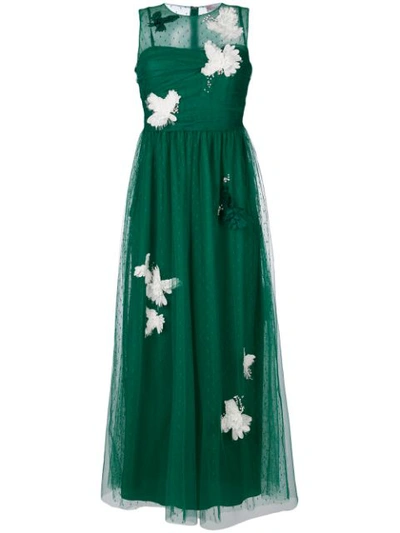 Red Valentino Flower Patch Tulle Dress In Green