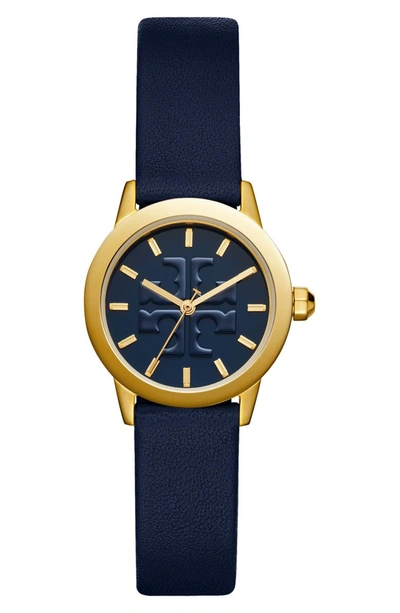 Tory Burch The Gigi Golden Watch With Navy Leather Strap