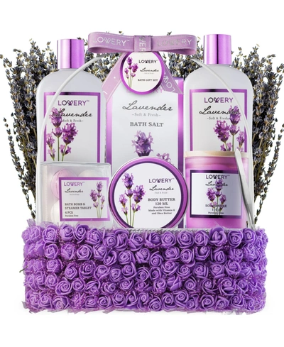 Lovery Lavender Spa Kit Bath And Body Care Gift Set In Handmade Basket, 15 Piece