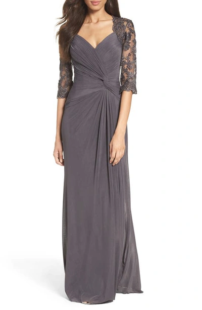 La Femme Ruched Twist Column Gown In Gunmetal