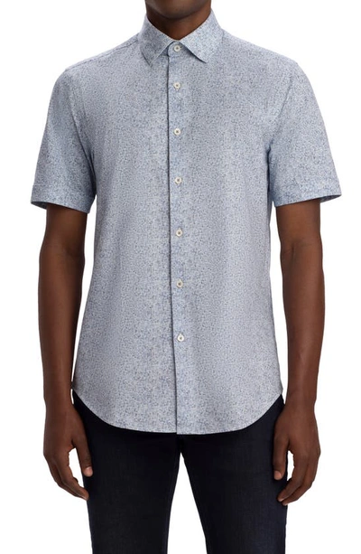 Bugatchi Tech Geo Print Short Sleeve Knit Stretch Cotton Button-up Shirt In Cobalt