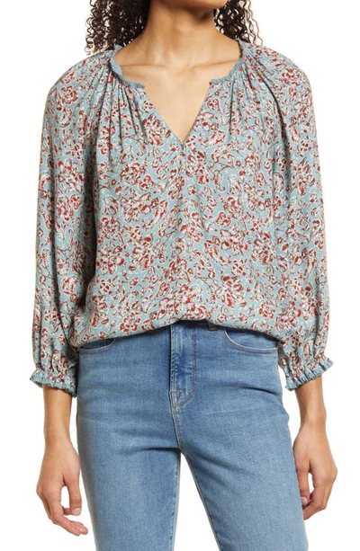 Wit & Wisdom Floral Split Neck Popover Top In Temu-teal Multi