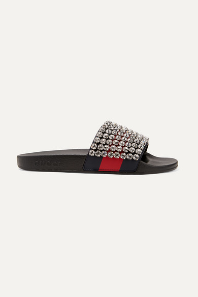 Gucci Crystal-embellished Leather And Rubber Slides In Black | ModeSens