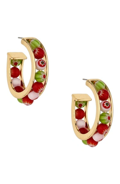 Ettika Green And Red Glass Beaded Hoop Earrings In Gold-tone