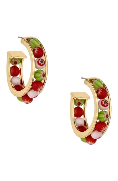 Ettika Green And Red Glass Beaded Hoop Earrings In Gold