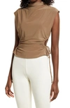 Open Edit Ruched Cutout Mock Neck Top In Brown Shiitake
