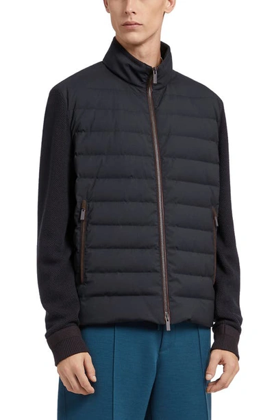Zegna Trofeo Elements Wool And Cotton Hybrid Short Jacket In Navy Blue