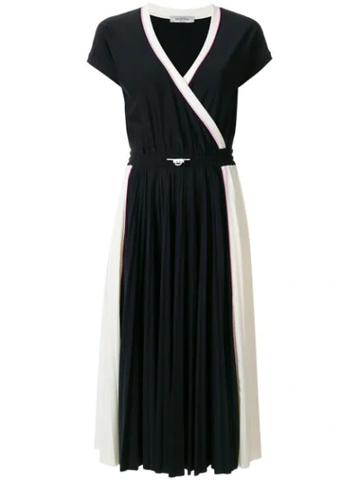 Valentino Short-sleeve Faux-wrap Bicolor Jersey Midi Dress In Black