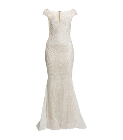 Mikael D Beaded V-neck Gown In Ivory