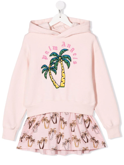 Palm Angels Kids' Palm Print Embroidered Cotton Graphic Hoodie Dress In Pink Green