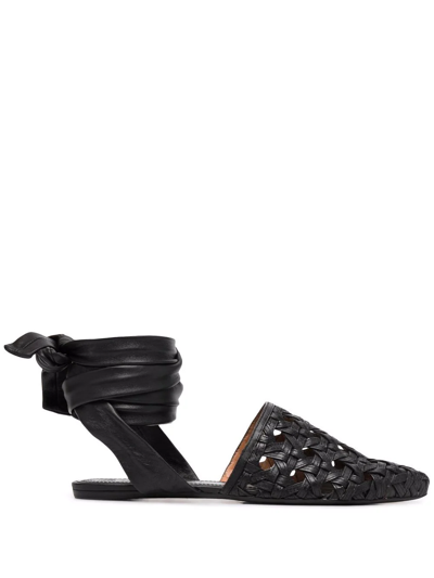 Tory Burch Basketweave Ankle Tie Pointed Toe Flat In Schwarz