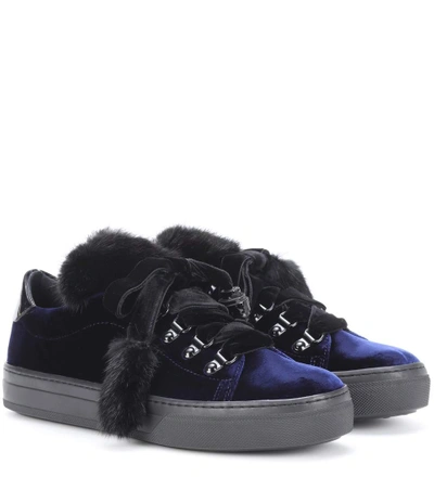 Tod's Fur-trimmed Velvet Sneakers In Blue