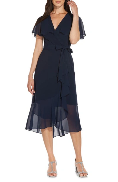 Adrianna Papell Divine Crepe & Chiffon Midi Dress In Blue Moon