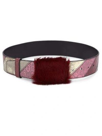 Prada Lizardskin Belt With Fur Detail In Cherry Red