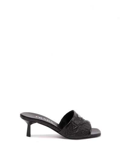 Prada Brushed Leather Mid-heeled Slides In Nero
