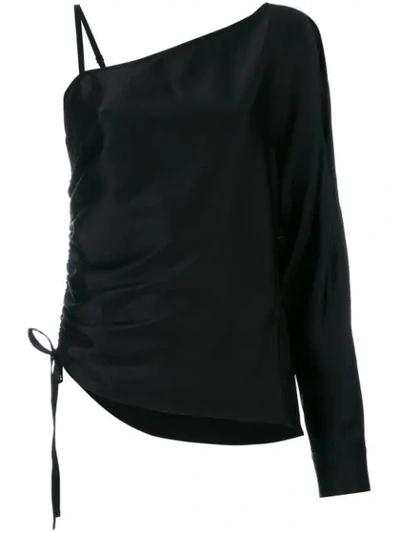 Alexander Wang T Asymmetric Drape One-sleeve Satin Top With Ruching In Black