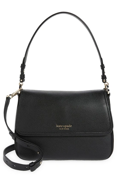 Kate Spade Hudson Pebble Leather Medium Convertible Shoulder Bag In Black/pale Gold