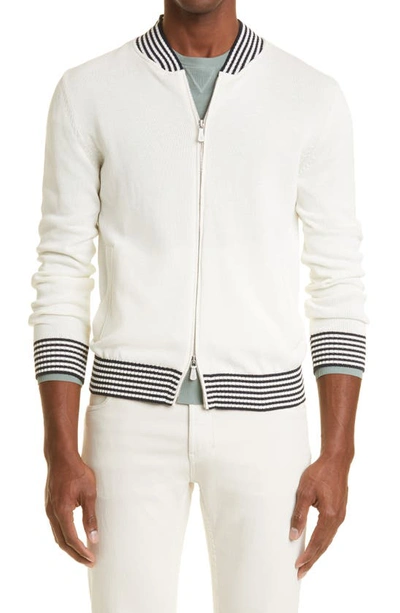 Eleventy Knit Cotton Bomber Jacket In White-navy