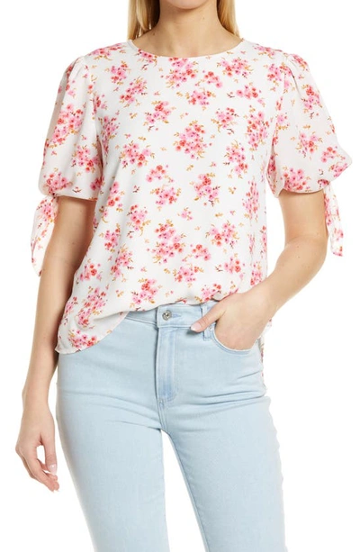 Cece Floral Tie Sleeve Blouse In White