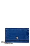 Alexander Mcqueen Medium Skull Croc Embossed Leather Crossbody Bag In Washed Indigo