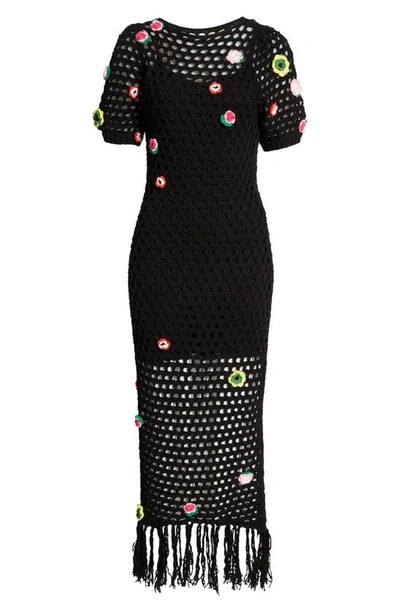Something Navy Crochet Maxi Dress With Floral Applique In Black Combo |  ModeSens