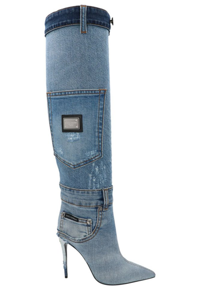 Dolce & Gabbana Blue Jean Denim Patchwork Stiletto Boots