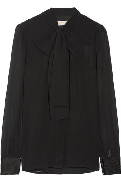 Michael Michael Kors Pussy-bow Sequin-embellished Georgette Blouse In Black