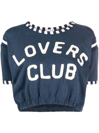 Saint Laurent Lovers Club Crop Organic Cotton Graphic Tee In Marine Blanchi/ Natur