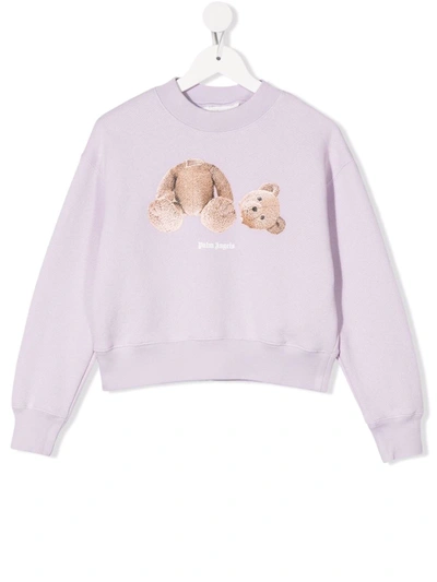 Palm Angels Kids' Bear Print Cotton Sweatshirt In Purple