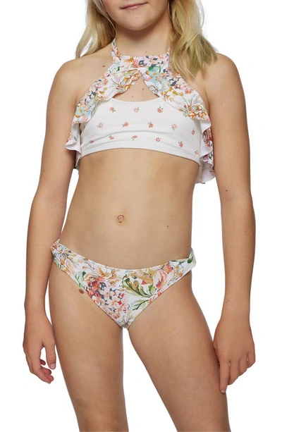 O'neill Kids' Arden Floral Print Ruffle Two-piece Swimsuit In Vanilla