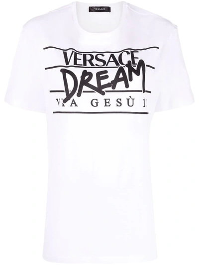 Versace Slogan Logo-print Short-sleeve T-shirt In White