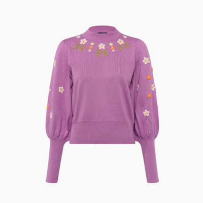 French Connection Kaitlyn Embroidered Mock Neck Organic Cotton Sweater In Pink Violet