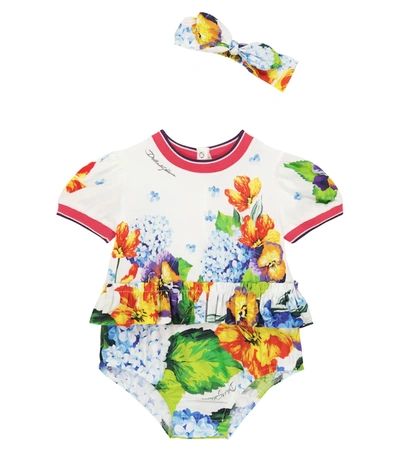 Dolce & Gabbana Kids' Baby Floral Cotton Bodysuit And Headpiece In Variante Abbinata
